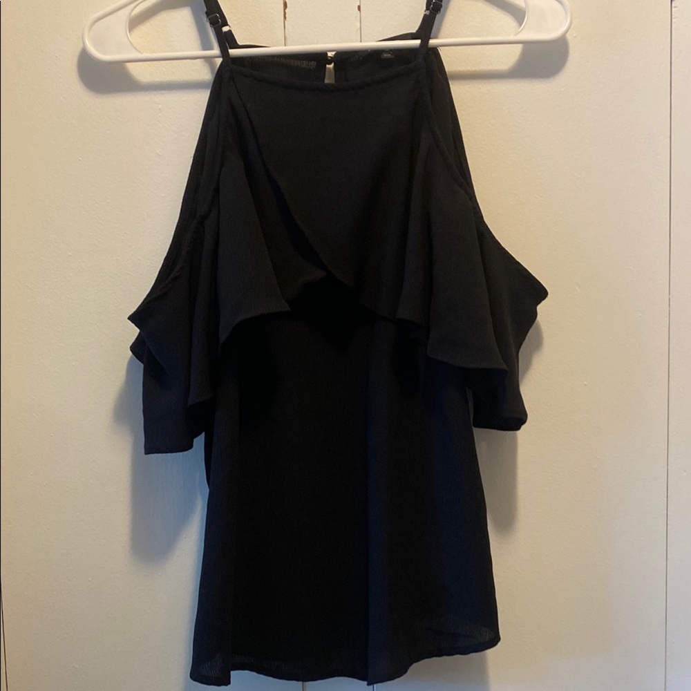 Black Ruffled Tiered Top with Cold Shoulder